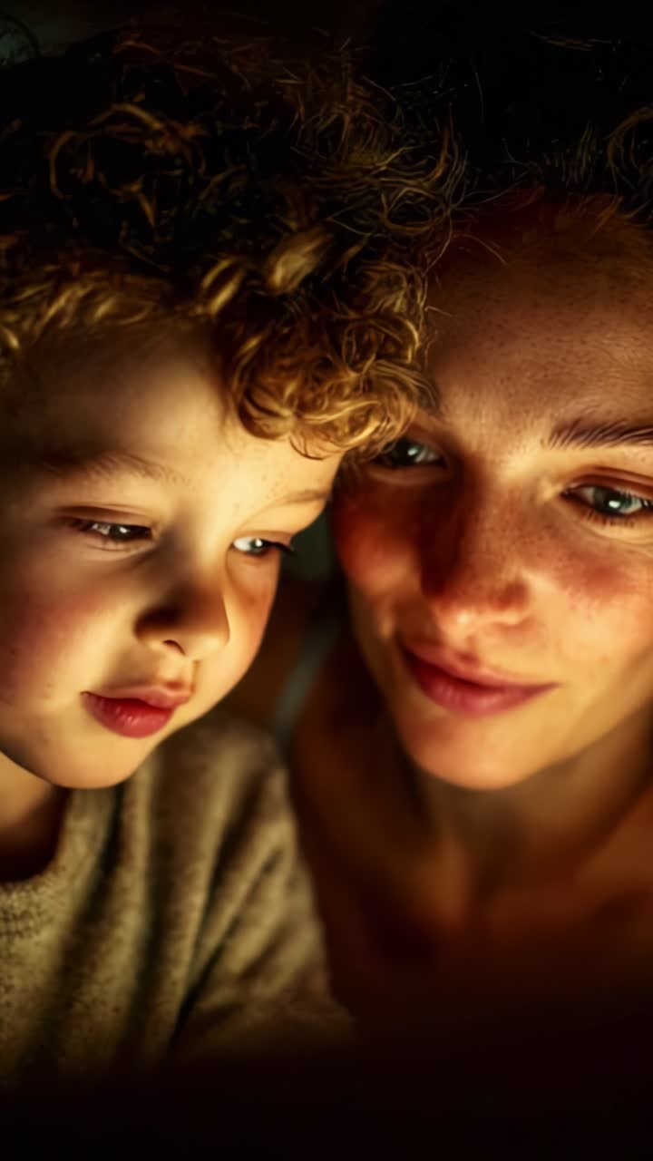 Momenti spontanei di connessione: una madre e suo figlio condividono un'interazione intima con un'illuminazione tenue e calda, catturando l'emozione e il legame attraverso un'esperienza condivisa
