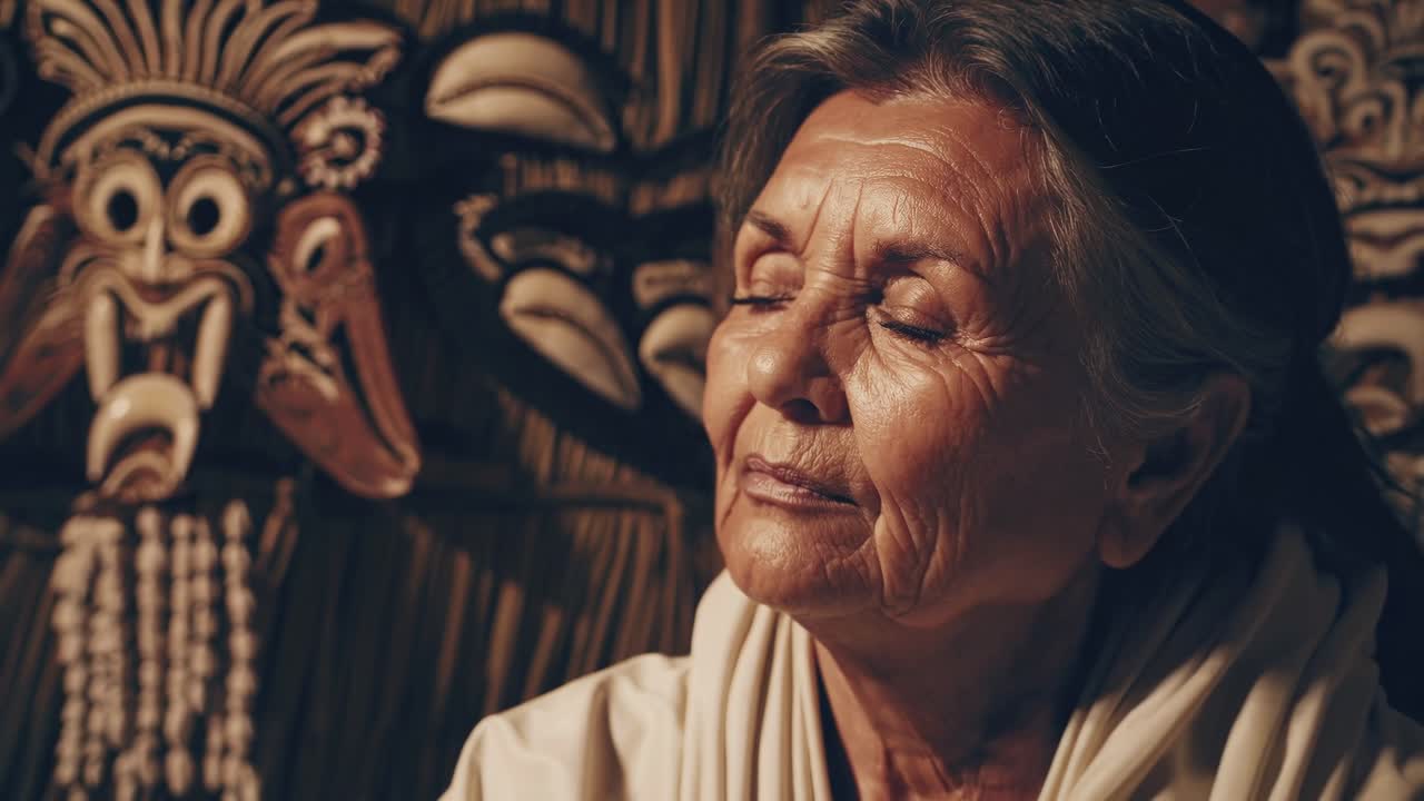 Elderly woman with closed eyes, serene expression, surrounded by intricate tribal artwork, conveying a moment of reflection and cultural connection in a warm, inviting atmosphere