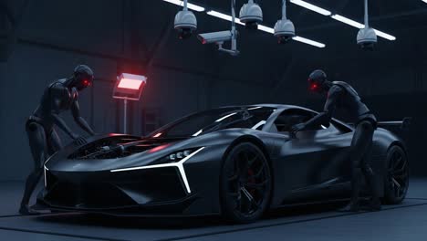 futuristic scene featuring advanced robots working on a sleek black sports car in a high-tech environment with surveillance technology