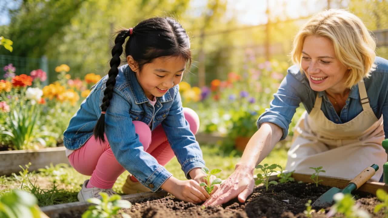 Pointing mother in apron guiding daughter in denim planting in backyard, watering with green can