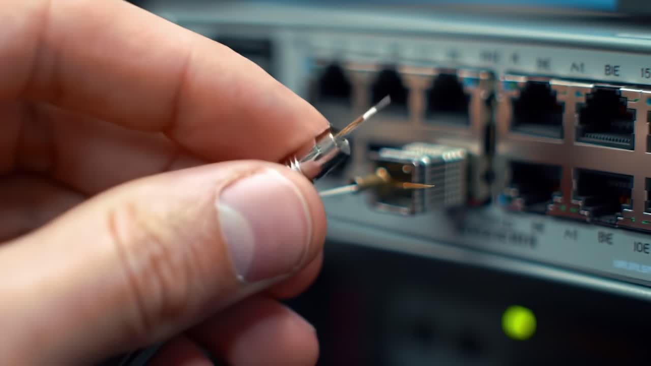 A close-up view shows a person handling a connector as they attach it to a network switch in a server room, surrounded by various cables and equipment. This setup enhances connectivity.
