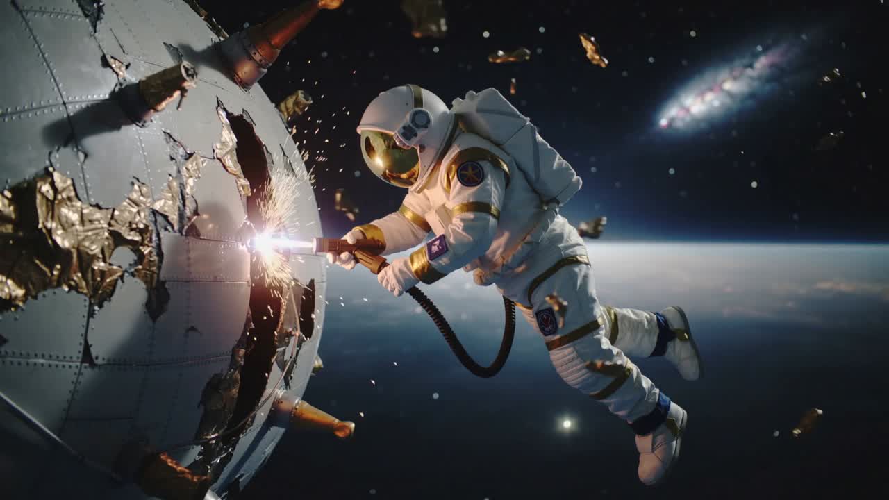 Approaching damaged module in LEO EVA astronaut cutting hull panel with torch while tethered