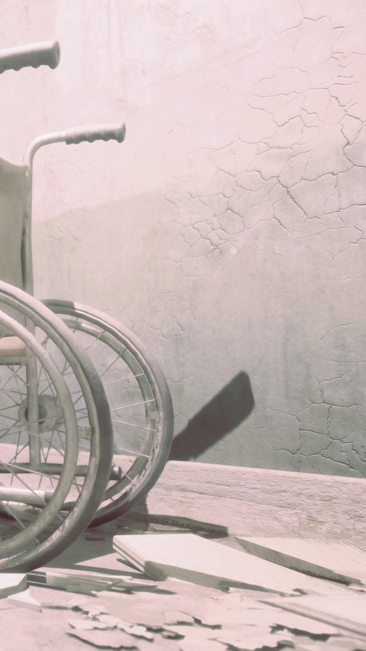 Wheelchair near cracked wall with scattered objects on the floor