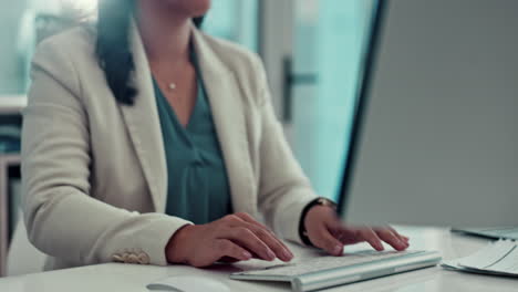 Business-woman,-face-and-typing-on-computer