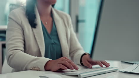 business woman, face and typing on computer
