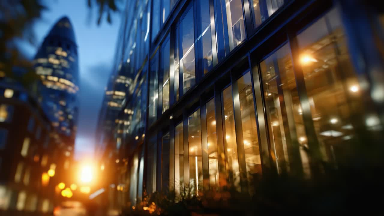 Architettura urbana moderna catturata al crepuscolo con finestre illuminate e illuminazione soffusa in un paesaggio urbano, che mette in risalto i riflessi e gli elementi di design degli edifici