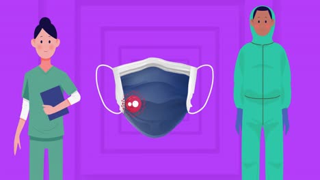 animation of two doctors and face mask on purple background