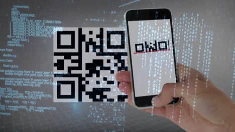 Animation-of-qr-code-financial-data-processing-over-hand-of-caucasian-businesswoman-using-smartphone