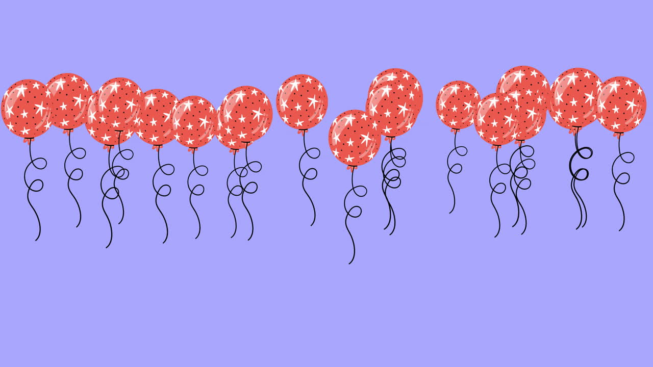 보라색 배경 에 반 ⁇ 이는 별 들 이 있는  ⁇ 은 풍선 의 애니메이션