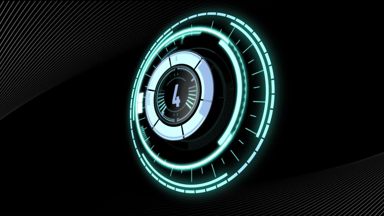 Animation of circular scanner with countdown over white parallel curved lines, moving on black
