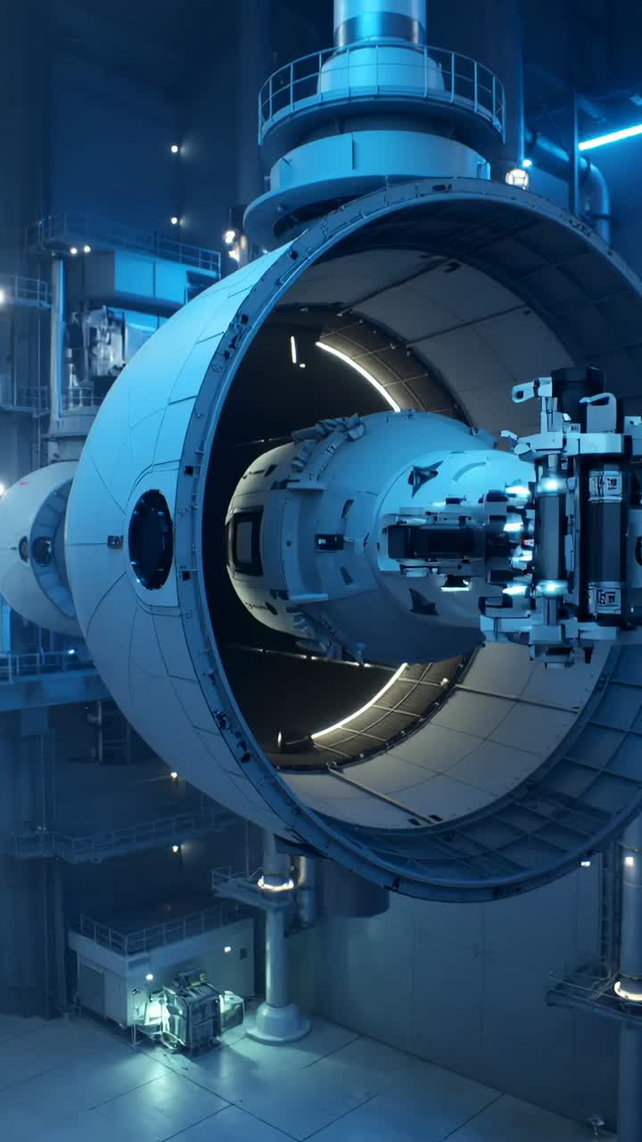 Vertical video: Retracting core causing robot arm scanning LED while module docking in assembly bay