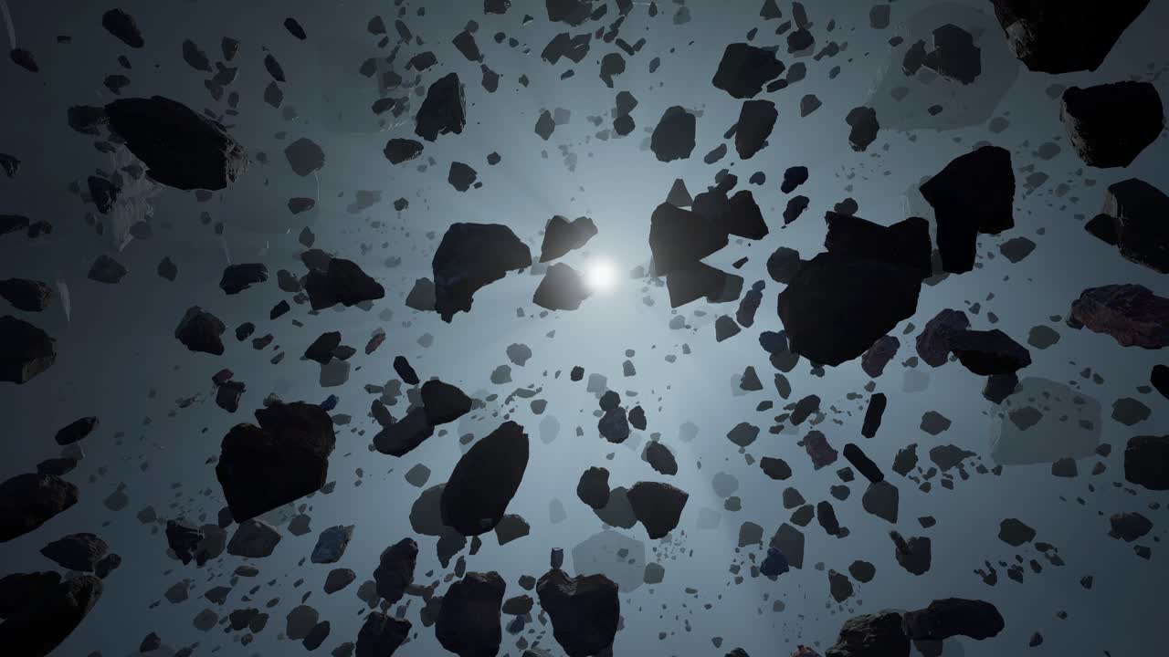 3D Render Animation Of An Asteroids Field In Deep Space, Slow Panoramic Cinematic Linear Shot