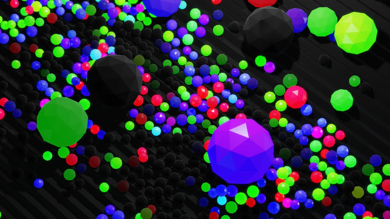 4k fondo en bucle abstracto con esferas como bombillas o guirnalda abstracta. bolas o esferas se encuentran en los pasos. ondas de color y luz rodan sobre las bolas en los pasos formando un hermoso patrón multicolor.