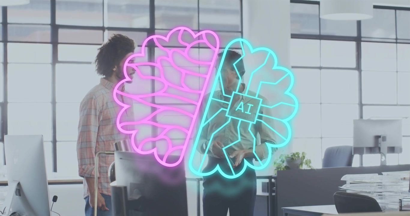 Neon line appearing becoming brain graphic with AI chip, team placing plant and discussing project