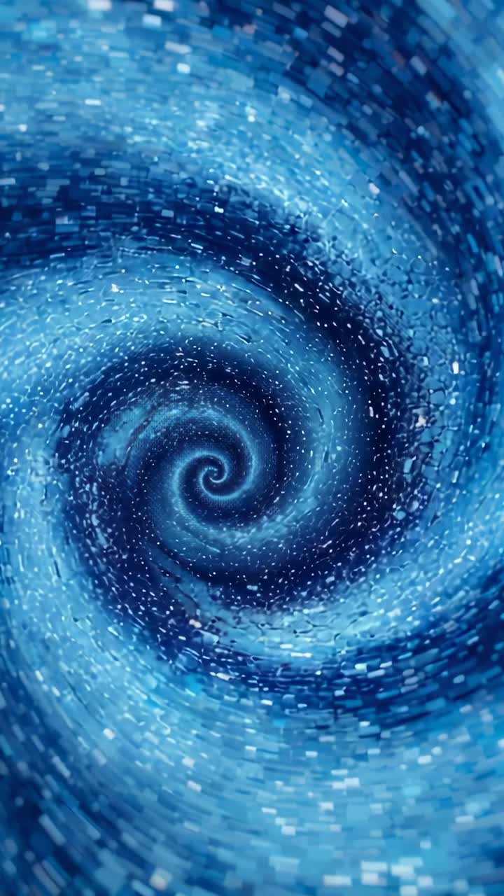 Video verticale: spirale blu rotante in un vortice astratto, movimento verso l’interno che attrae i pixel verso il nucleo