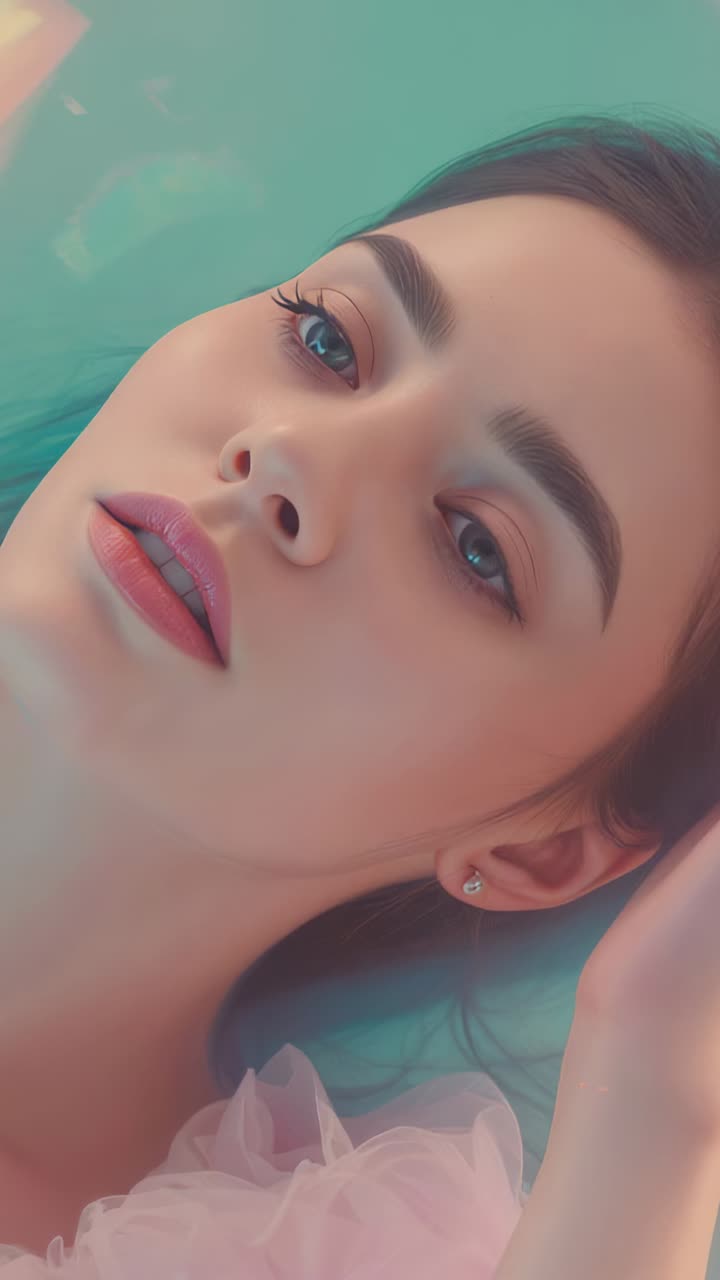 Vertical video: Lying model turning raising hand under chin in studio with pink tulle, stud earring