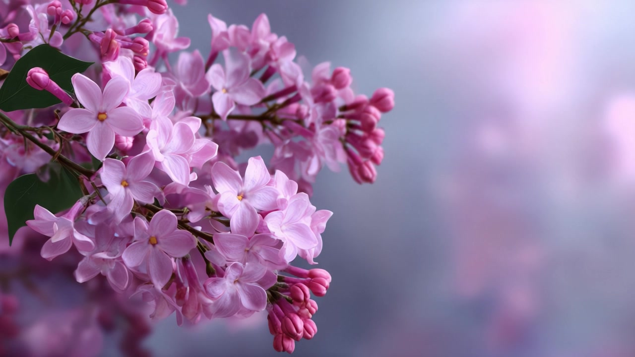 Bunga lilac lembut dengan fokus halus menggambarkan keindahan yang tenang dan esensi musim semi, menampilkan kelopak mereka yang cerah dan keanggunan lembut dalam cahaya yang berseri.