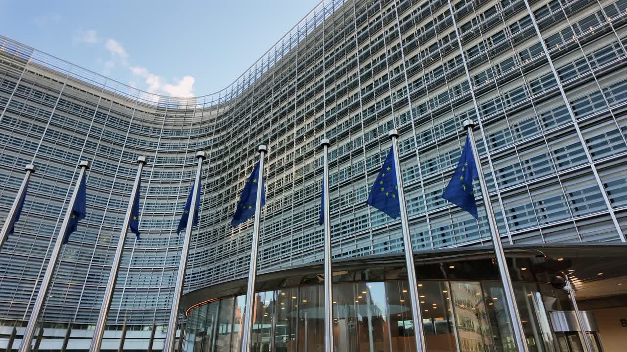 EU flags waving at Berlaymont, European Commission headquarters