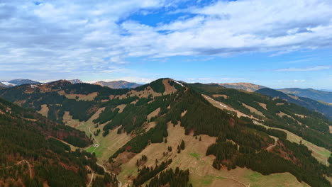 tranquil panorama of the picturesque mountains with pine trees growing on. rocky backdrop at daytime. bavaria, germany. aerial view.