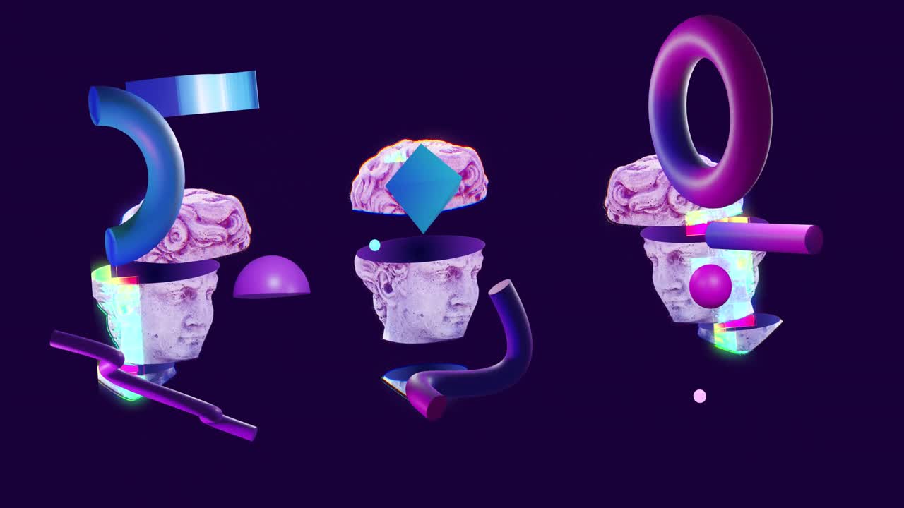 animación de esculturas de cabezas antiguas sobre formas 3d en fondo oscuro