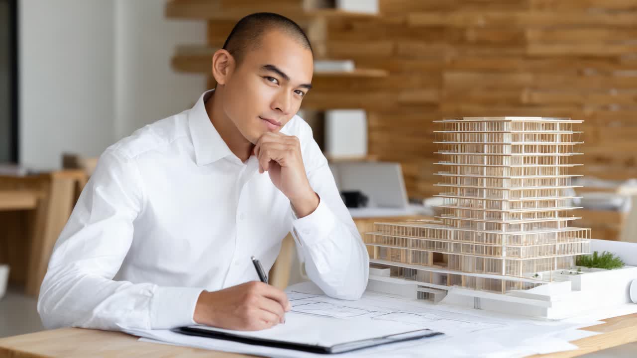 A Focused Architect Deep in Thought While Working on Building Plans and Refined Model Creation in a Modern Office Environment