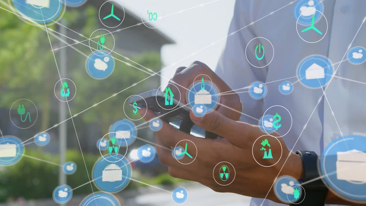 Mand trykker på smartphone på fortov, hvilket får AR-ikoner til at formere sig til et tæt teknologi-, energi- og finansnet