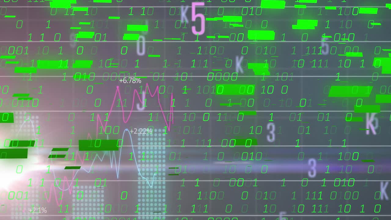 Animation of statistical data processing, changing numbers and alphabets against grey background
