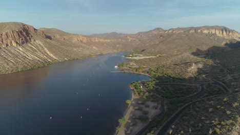 aerial - desert lake during golden hour