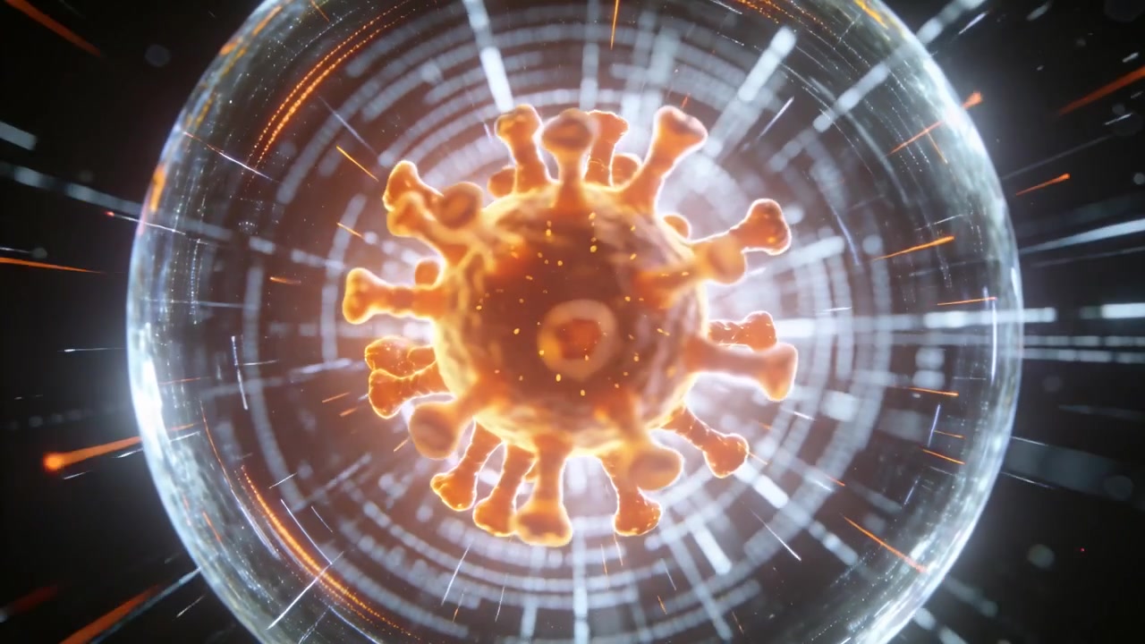 Particella arancione rotante simile a un virus che reagisce a un bagliore centrale crescente, spostandosi verso la luce all'interno di un guscio