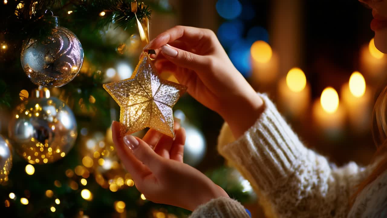 A Cozy Christmas Moment: Delicately Hanging a Glittering Star Ornament on a Festively Decorated Tree Surrounded by Warm Candlelight and Soft Bokeh, Capturing the Joyful Spirit of the Holiday Season