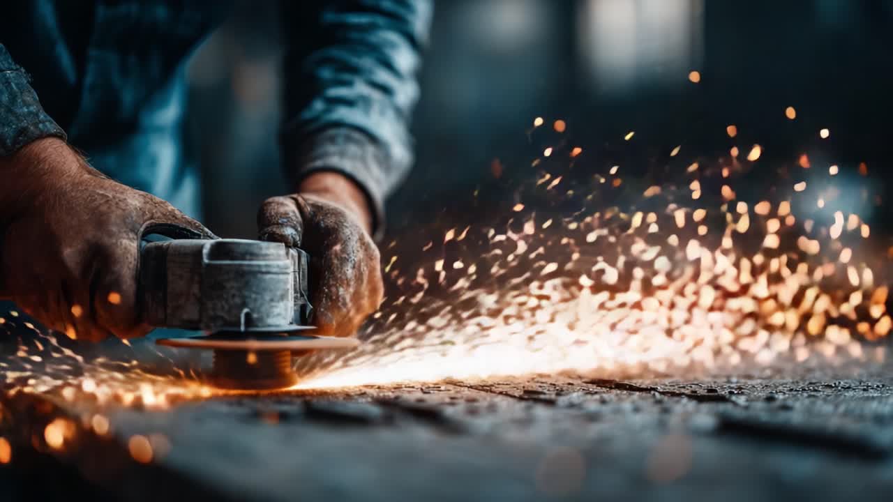 Dynamic Close-Up of a Craftsman Using a Power Tool to Grind Metal, Creating a Shower of Sparks Against a Dramatic Background with Soft Focus and Warm Lighting