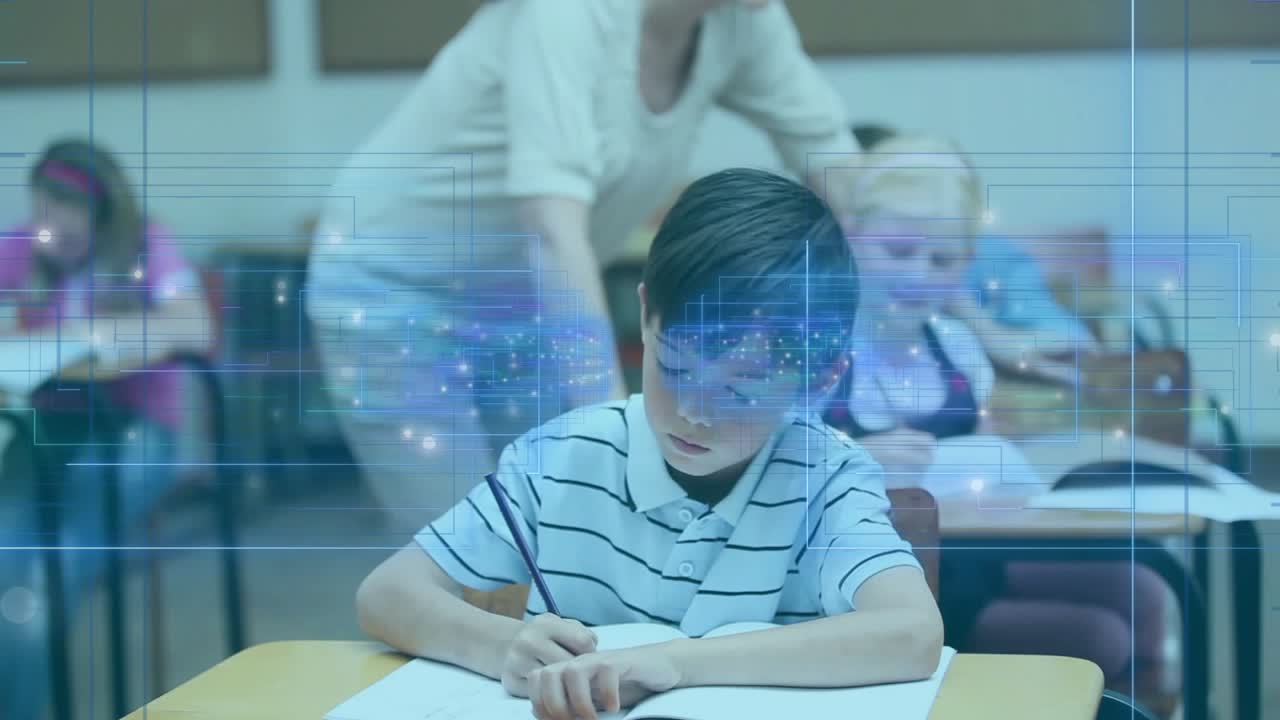 Teacher approaching student desk, pointing at notebook and guiding writing with education holograms