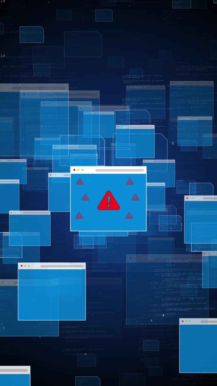Cyberalarm browsersvinduescene med flydende blå paneler, røde advarselssymboler, kodeteksturer og mørk