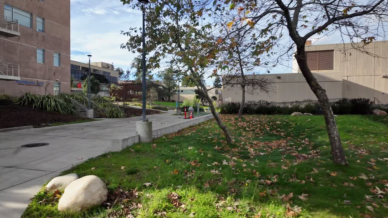 Vídeo de una caminata vespertina por las rutas del campus de Merritt College, donde se ven estructuras modernas, caminos sombreados y vislumbres del horizonte lejano que reflejan la tranquila presencia de la universidad sobre Oakland.