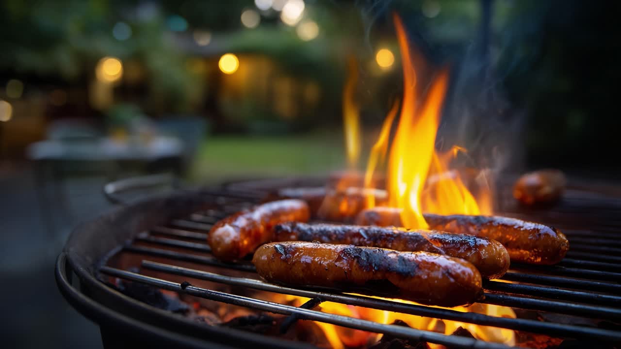 Salsicce deliziosamente grigliate con fiamme e fumo che evidenziano l'esperienza del barbecue in un ambiente esterno rilassante