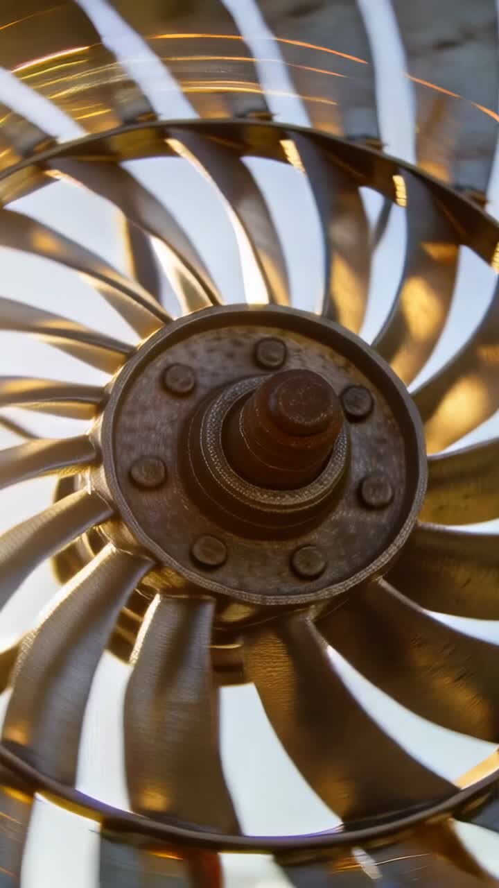 Vertical video: Framing central rusted hub, spinner rotating at patio, blades reflecting sunlight