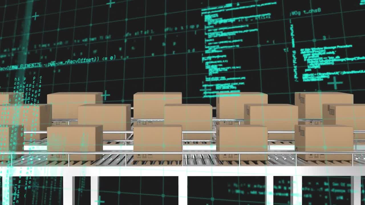 컨베이어 벨트에 있는 여러 배달 상자에 대한 그리드 네트워크를 통한 데이터 처리