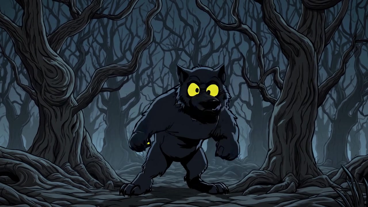 Minacciosa creatura lupo nero che si trasforma in una foresta oscura