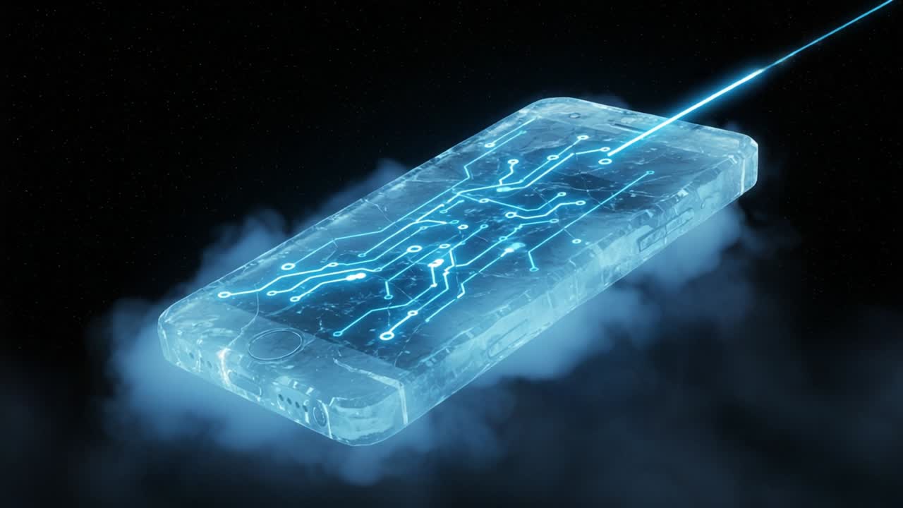 Futuristic Transparent Smartphone with Glowing Circuitry and Laser Technology Surrounded by Mystical Clouds in a Dark Cosmic Environment