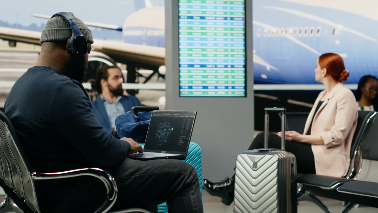 Afrikansk-amerikansk afslappet mand bruger AI neurale netværk i en lufthavnslounge.