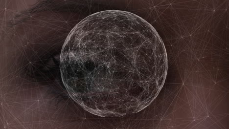 animation of connections and globe over eye of caucasian woman