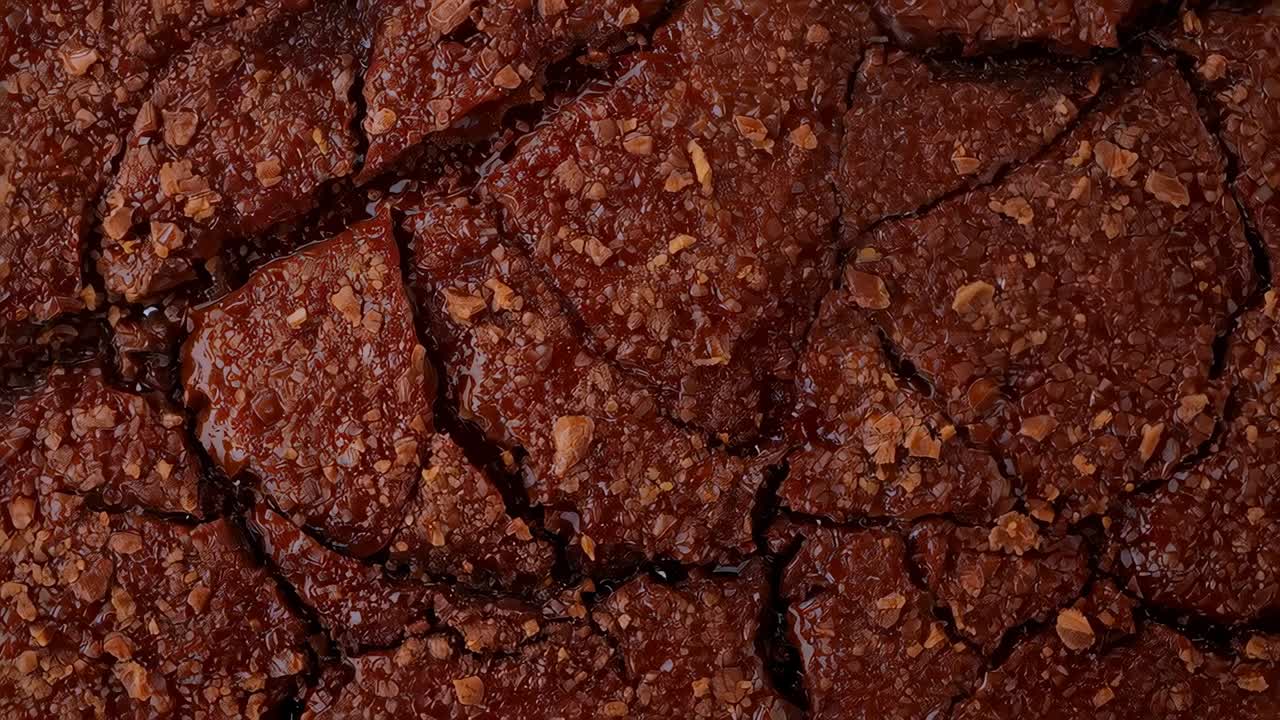 Makrokamera bevæger sig og zoomer hen over toppen af en brownie med revner, der viser blanke sprækker og afslører nødder