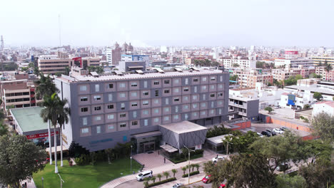 Beautiful-large-zoom-in-drone-shot-of-the-famous-and-elegant-"Casa-Andina"-hotel-in-Chiclayo,-Peru-during-the-day