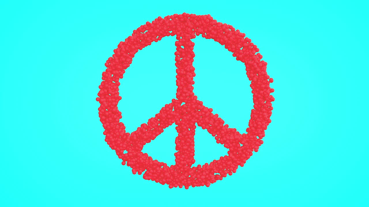 3d looped animation of peace symbol. Small balls shapes wavy surface with ripples. Trendy vibrant texture, motion graphic design, colored bright texture.