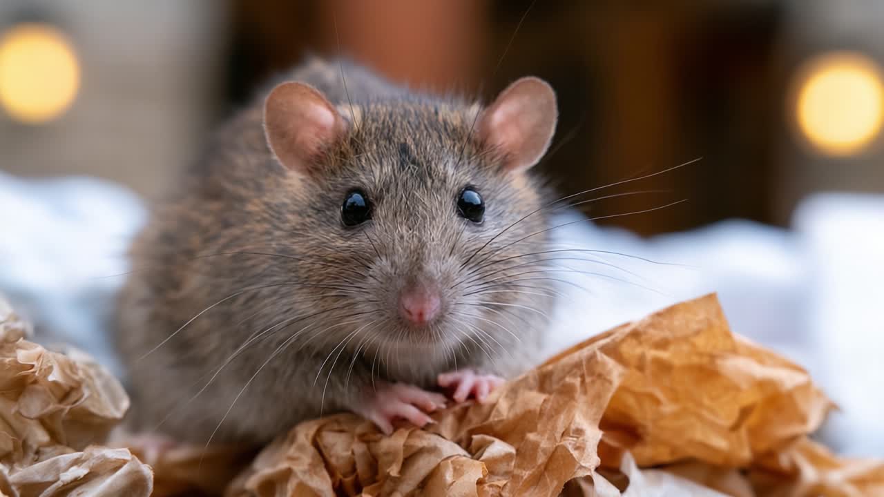 A Close-Up Exploration of a Curious Mouse on Crumpled Paper, Capturing Its Expressive Features and Unique Characteristics in an Engaging Domestic Setting