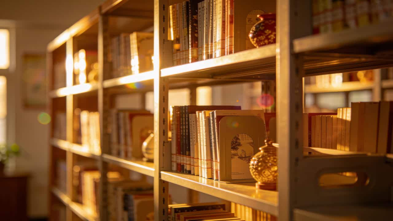Camera slowly moving along metal shelf bringing books and golden vases into warm light for display