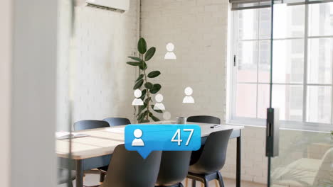 social media follower count animation over empty modern office with plant and chairs