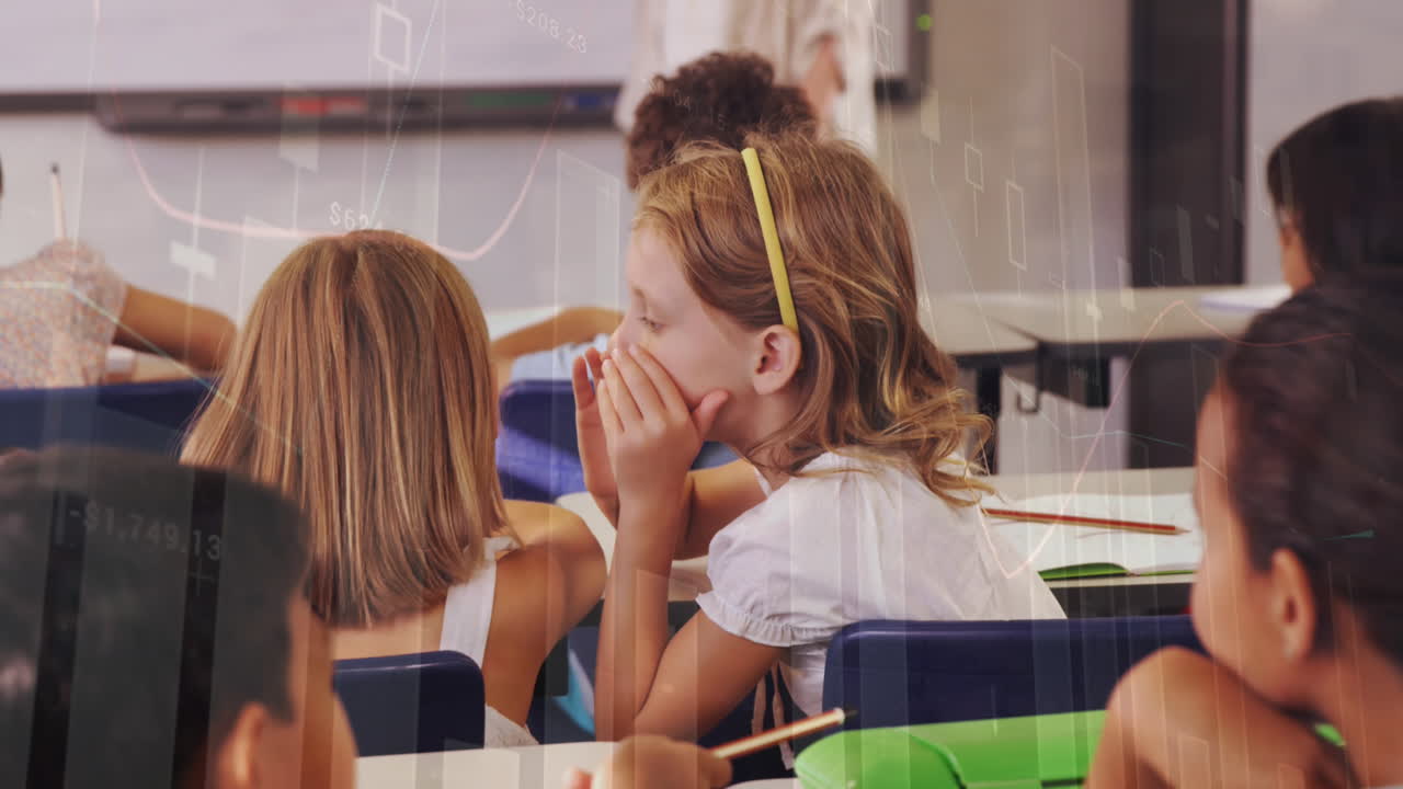 Animation of data processing over diverse schoolchildren talking