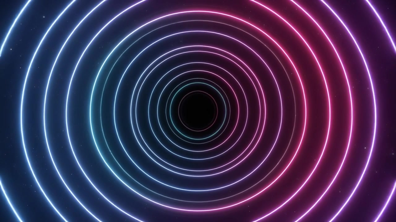 Tunnel astratto di cerchi al neon luminosi nello spazio