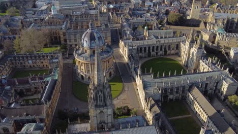 sweeping aerial of radcliffe camera, all souls college and the church of st mary the virgin n oxford england